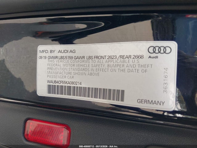 45088712 :رقم المزاد ، WAUB4CF55KA080214 vin ، 2019 Audi S5 3.0t Premium مزاد بيع