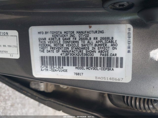 45088721 :رقم المزاد ، 4T1BF30KX2U538030 vin ، 2002 Toyota Camry Se مزاد بيع