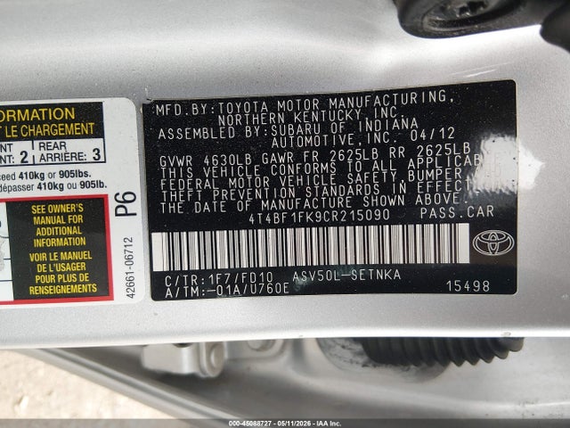 Продаж на аукціоні авто 2012 Toyota Camry Le, vin: 4T4BF1FK9CR215090, номер лоту: 45088727