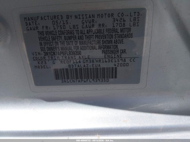 Nissan Versa 1.6 S+ 2015 3N1CN7AP6FL939350 Image 9