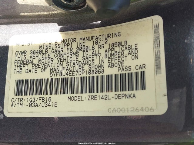 Aukcja sprzedaży 2013 Toyota Corolla Le, vin: 5YFBU4EE7DP108068, numer aukcji: 45088734
