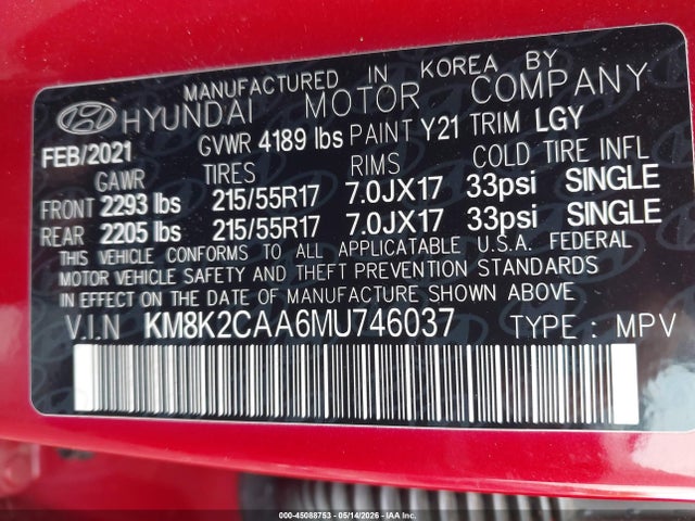 45088753 :رقم المزاد ، KM8K2CAA6MU746037 vin ، 2021 Hyundai Kona Sel مزاد بيع