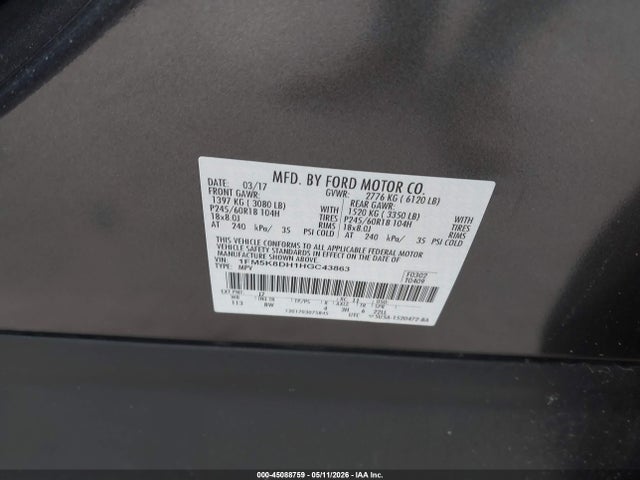 2017 Ford Explorer Xlt მანქანა იყიდება აუქციონზე, vin: 1FM5K8DH1HGC43863, აუქციონის ნომერი: 45088759