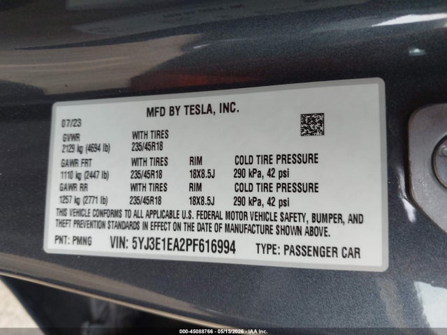 Продаж на аукціоні авто 2023 Tesla Model 3 Rear-wheel Drive, vin: 5YJ3E1EA2PF616994, номер лоту: 45088766