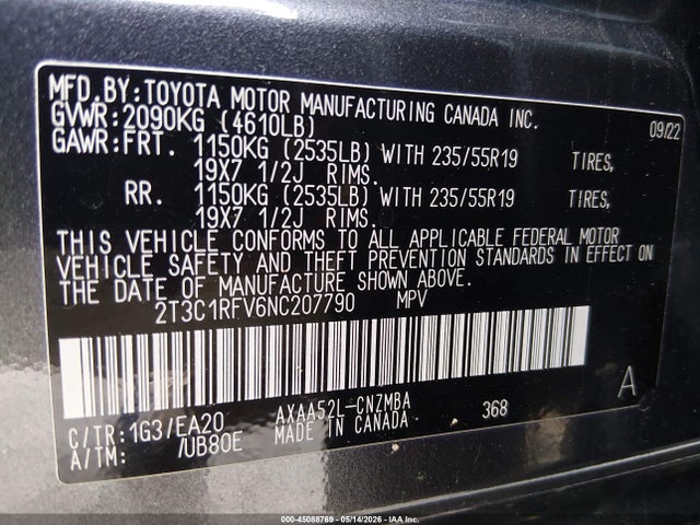 Aukcja sprzedaży 2022 Toyota Rav4 Xle Premium, vin: 2T3C1RFV6NC207790, numer aukcji: 45088769