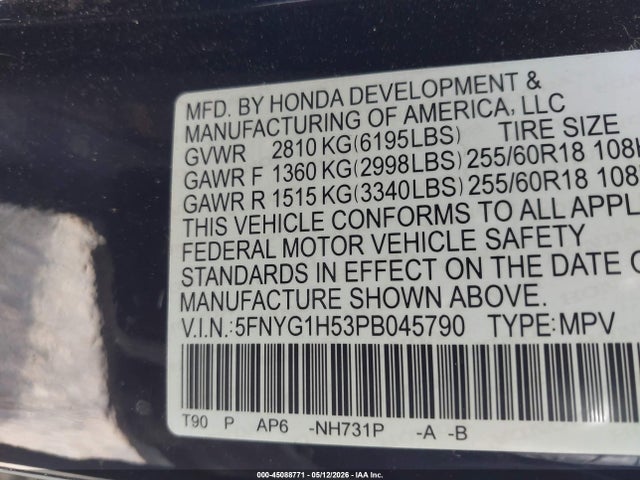 Продажа на аукционе авто 2023 Honda Pilot Awd Ex-l 7 Passenger, vin: 5FNYG1H53PB045790, номер лота: 45088771