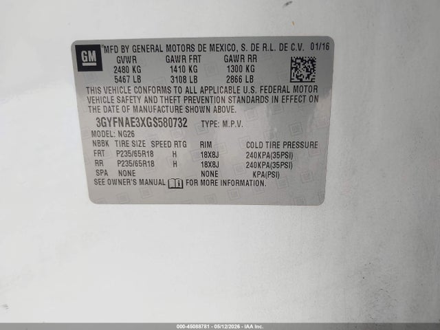 Aukcja sprzedaży 2016 Cadillac Srx Standard, vin: 3GYFNAE3XGS580732, numer aukcji: 45088781