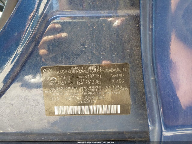 Aukcja sprzedaży 2016 Hyundai Sonata Se, vin: 5NPE24AF3GH382595, numer aukcji: 45088784
