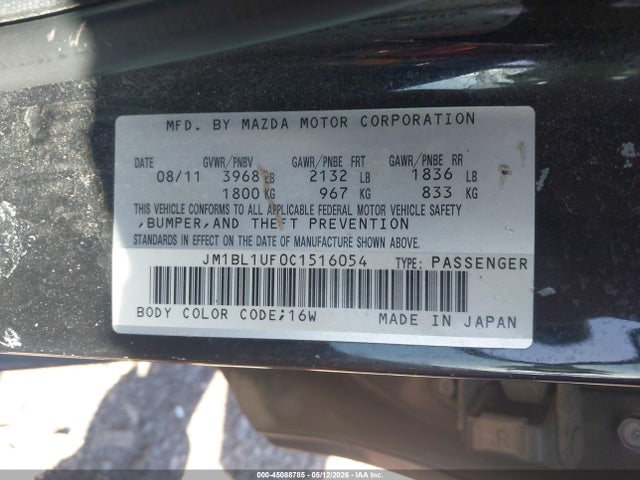 Aukcja sprzedaży 2012 Mazda Mazda3 I Sport, vin: JM1BL1UF0C1516054, numer aukcji: 45088785