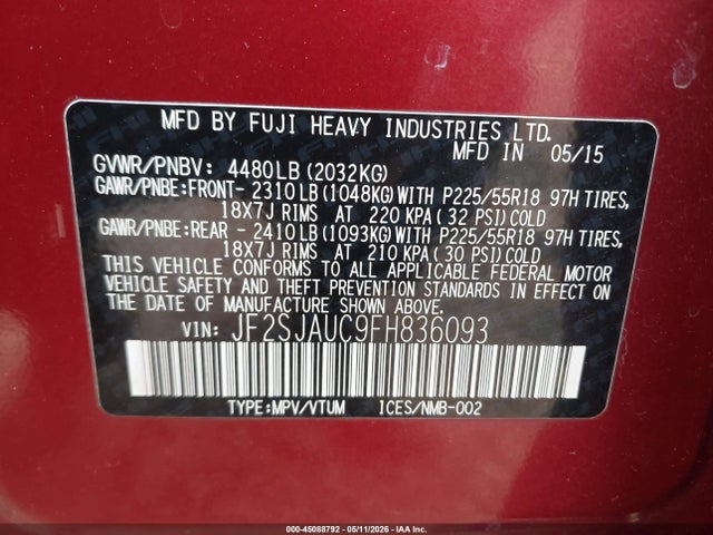 Aukcja sprzedaży 2015 Subaru Forester 2.5i Touring, vin: JF2SJAUC9FH836093, numer aukcji: 45088792