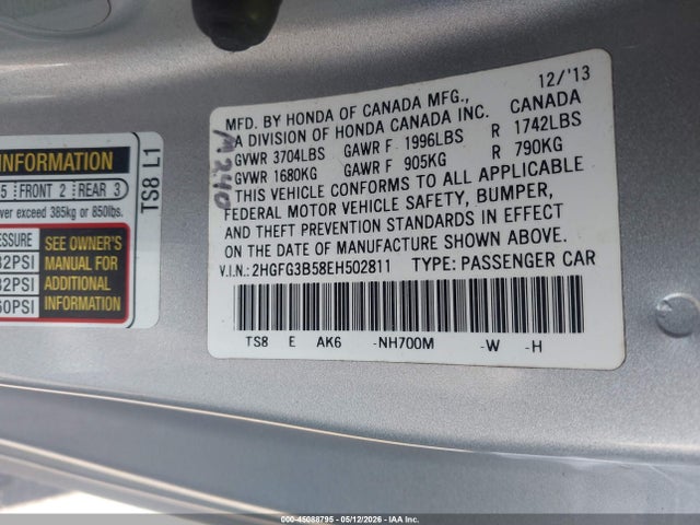 Aukcja sprzedaży 2014 Honda Civic Lx, vin: 2HGFG3B58EH502811, numer aukcji: 45088795