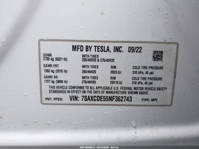 Продажа на аукционе авто 2022 Tesla Model X Dual Motor All-wheel Drive/plaid Tri Motor All-wheel Drive, vin: 7SAXCDE55NF362743, номер лота: 45088810