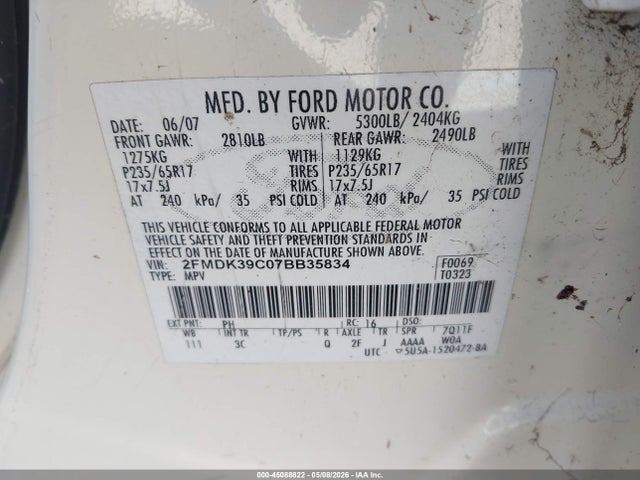 Продаж на аукціоні авто 2007 Ford Edge Sel Plus, vin: 2FMDK39C07BB35834, номер лоту: 45088822