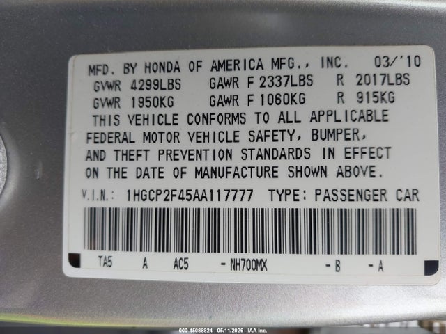 Продажа на аукционе авто 2010 Honda Accord 2.4 Lx-p, vin: 1HGCP2F45AA117777, номер лота: 45088824