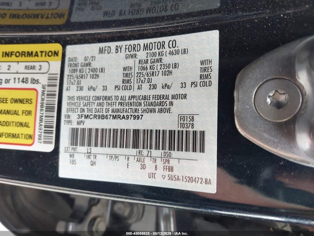 Продаж на аукціоні авто 2021 Ford Bronco Sport Big Bend, vin: 3FMCR9B67MRA97997, номер лоту: 45088825