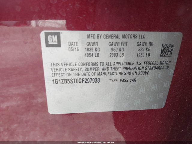 Aukcja sprzedaży 2016 Chevrolet Malibu Ls, vin: 1G1ZB5ST0GF297938, numer aukcji: 45088826