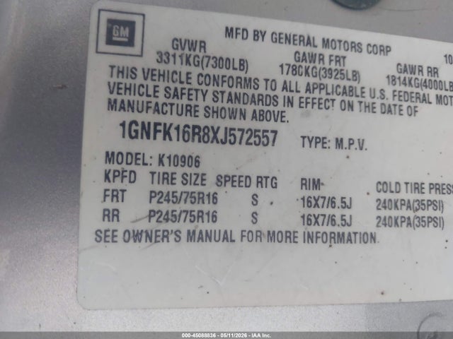 45088836 :رقم المزاد ، 1GNFK16R8XJ572557 vin ، 1999 Chevrolet Suburban 1500 Lt مزاد بيع