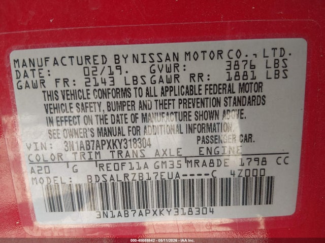 2019 Nissan Sentra Sr მანქანა იყიდება აუქციონზე, vin: 3N1AB7APXKY318304, აუქციონის ნომერი: 45088842