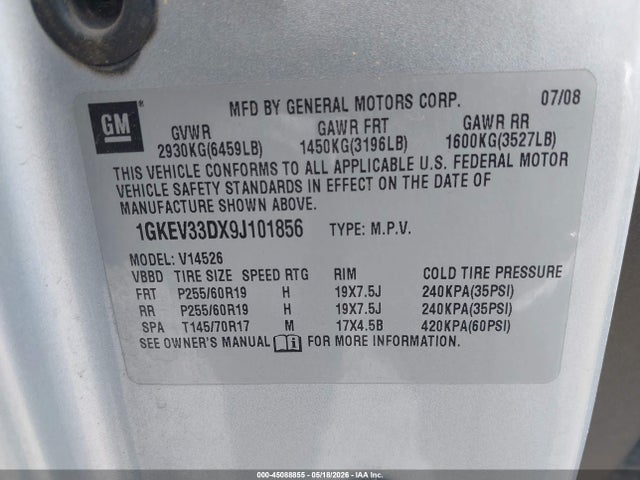 45088855 :رقم المزاد ، 1GKEV33DX9J101856 vin ، 2009 Gmc Acadia Slt-2 مزاد بيع