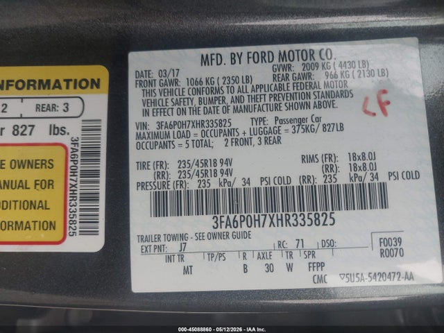 2017 Ford Fusion Se მანქანა იყიდება აუქციონზე, vin: 3FA6P0H7XHR335825, აუქციონის ნომერი: 45088860