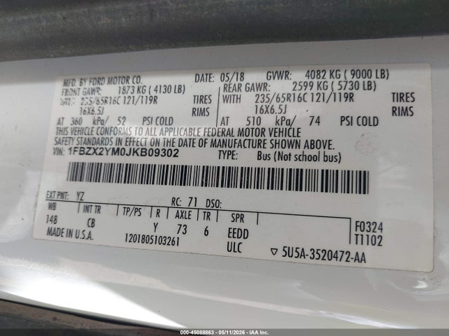 Aukcja sprzedaży 2018 Ford Transit-350 Xlt, vin: 1FBZX2YM0JKB09302, numer aukcji: 45088863