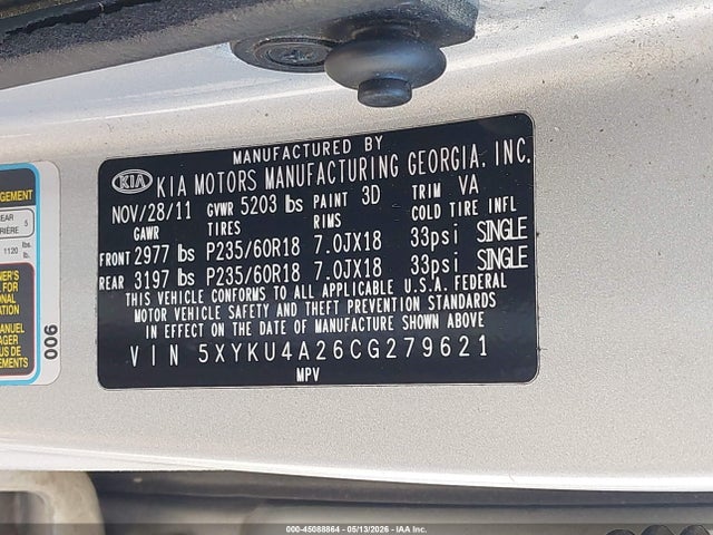 Aukcja sprzedaży 2012 Kia Sorento Ex, vin: 5XYKU4A26CG279621, numer aukcji: 45088864