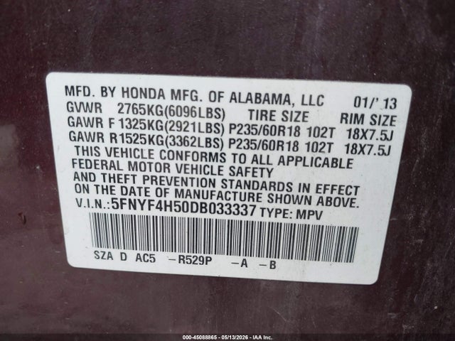 45088865 :رقم المزاد ، 5FNYF4H50DB033337 vin ، 2013 Honda Pilot Ex-l مزاد بيع