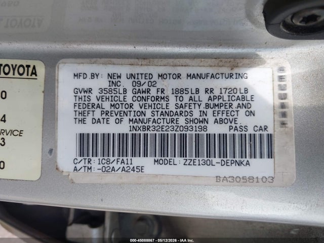 2003 Toyota Corolla Le მანქანა იყიდება აუქციონზე, vin: 1NXBR32E23Z093198, აუქციონის ნომერი: 45088867