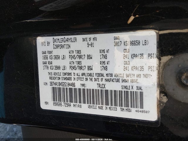 2002 Dodge Ram 1500 St მანქანა იყიდება აუქციონზე, vin: 3B7HA18N52G104486, აუქციონის ნომერი: 45088869