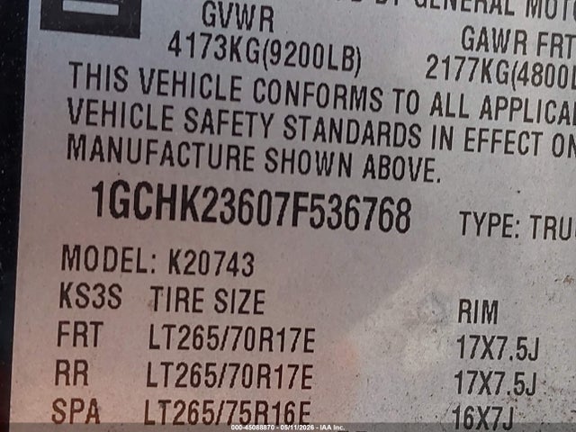 Продажа на аукционе авто 2007 Chevrolet Silverado 2500hd Ltz, vin: 1GCHK23607F536768, номер лота: 45088870