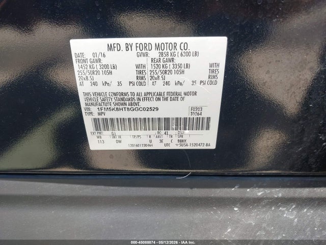 45088874 :رقم المزاد ، 1FM5K8HT8GGC02529 vin ، 2016 Ford Explorer Platinum مزاد بيع