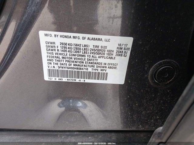45088880 :رقم المزاد ، 5FNYF6H93HB084710 vin ، 2017 Honda Pilot Touring مزاد بيع