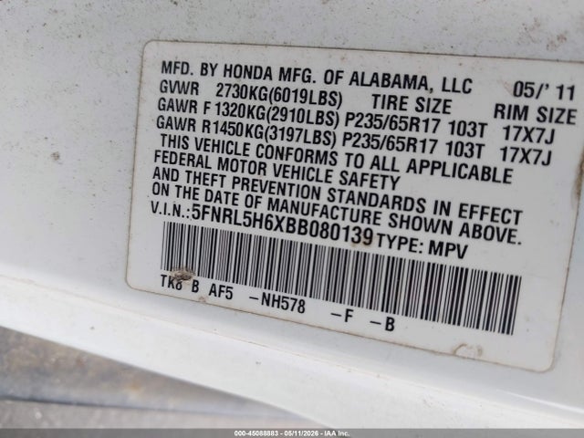 Aukcja sprzedaży 2011 Honda Odyssey Ex-l, vin: 5FNRL5H6XBB080139, numer aukcji: 45088883