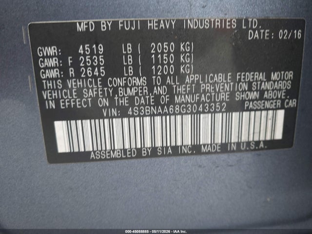 45088885 :رقم المزاد ، 4S3BNAA68G3043352 vin ، 2016 Subaru Legacy 2.5i مزاد بيع