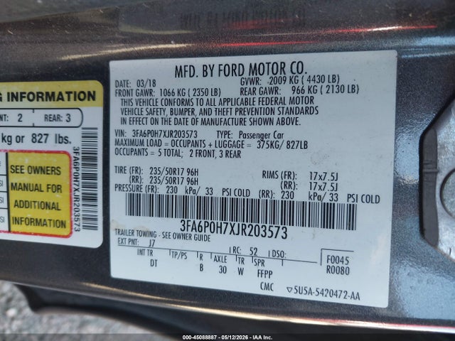 Aukcja sprzedaży 2018 Ford Fusion Se, vin: 3FA6P0H7XJR203573, numer aukcji: 45088887