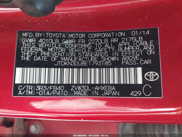 Продажа на аукционе авто 2014 Toyota Prius Two, vin: JTDKN3DU8E1793185, номер лота: 45088905
