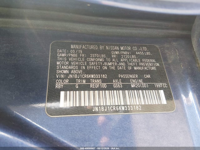 45088907 :رقم المزاد ، JN1BJ1CR6KW333182 vin ، 2019 Nissan Rogue Sport S مزاد بيع