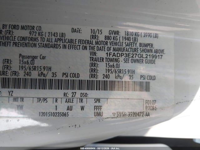 Продаж на аукціоні авто 2016 Ford Focus S, vin: 1FADP3E27GL219917, номер лоту: 45088908