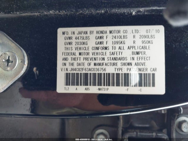2010 Acura Tsx 2.4 მანქანა იყიდება აუქციონზე, vin: JH4CU2F63AC036756, აუქციონის ნომერი: 45088910