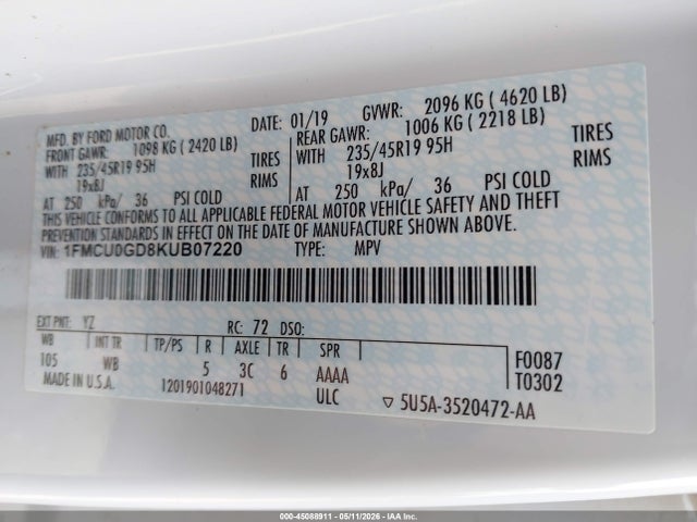 Aukcja sprzedaży 2019 Ford Escape Se, vin: 1FMCU0GD8KUB07220, numer aukcji: 45088911
