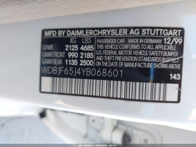 45088913 :رقم المزاد ، WDBJF65J4YB068601 vin ، 2000 Mercedes-benz E 320 مزاد بيع