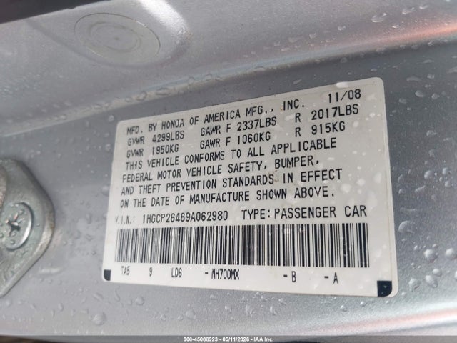 Aukcja sprzedaży 2009 Honda Accord 2.4 Lx-p, vin: 1HGCP26469A062980, numer aukcji: 45088923