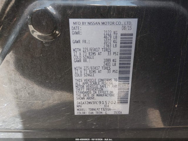 45088925 :رقم المزاد ، 5N1AT2MV3FC915702 vin ، 2015 Nissan Rogue S مزاد بيع
