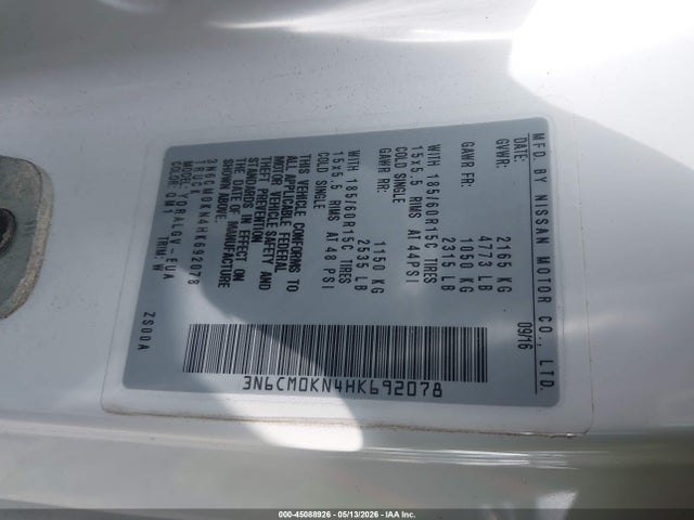 Aukcja sprzedaży 2017 Nissan Nv200 Sv, vin: 3N6CM0KN4HK692078, numer aukcji: 45088926