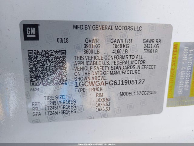 Продажа на аукционе авто 2018 Chevrolet Express 2500 Work Van, vin: 1GCWGAFG6J1905127, номер лота: 45088936
