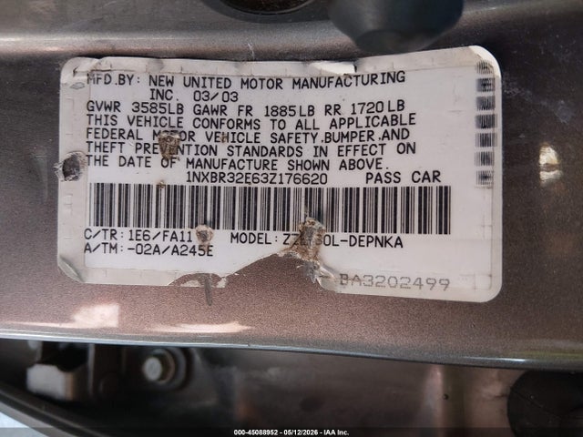 2003 Toyota Corolla Le მანქანა იყიდება აუქციონზე, vin: 1NXBR32E63Z176620, აუქციონის ნომერი: 45088952