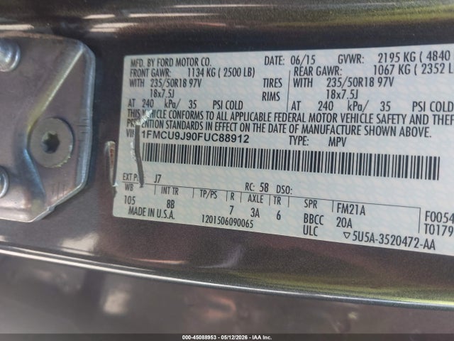 45088953 :رقم المزاد ، 1FMCU9J90FUC88912 vin ، 2015 Ford Escape Titanium مزاد بيع