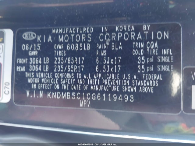 2016 Kia Sedona Lx მანქანა იყიდება აუქციონზე, vin: KNDMB5C10G6119493, აუქციონის ნომერი: 45088956