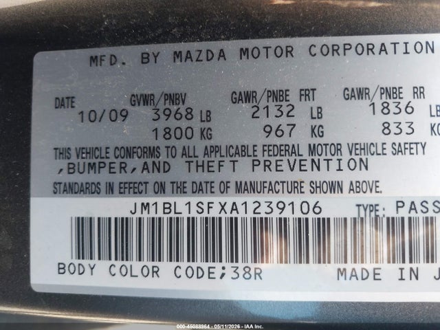 45088964 :رقم المزاد ، JM1BL1SFXA1239106 vin ، 2010 Mazda Mazda3 I Touring مزاد بيع