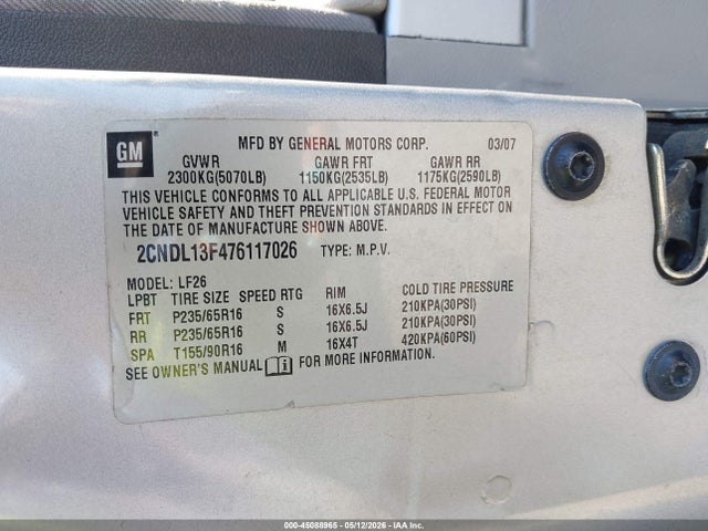 Aukcja sprzedaży 2007 Chevrolet Equinox Ls, vin: 2CNDL13F476117026, numer aukcji: 45088965